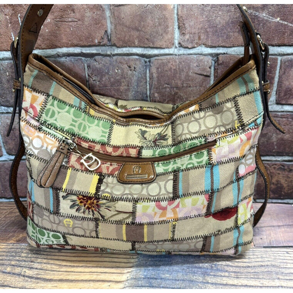 Vintage Etienne Aigner Tuscon Patchwork‎ Canvas Shoulder Bag Tote Purse Boho - Picture 1 of 16